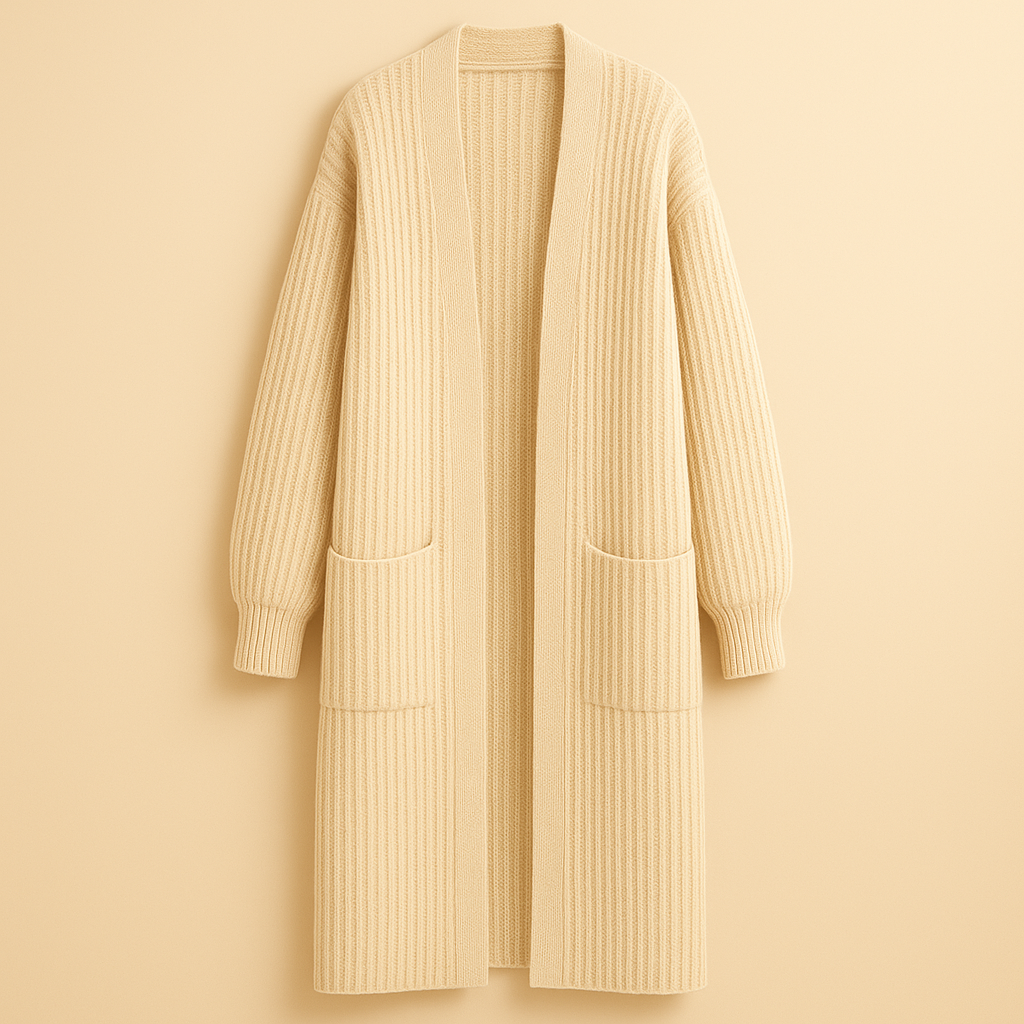 Kvinna Lång Stickad Kofta Med Öppet Framstycke Och Oversized Passform