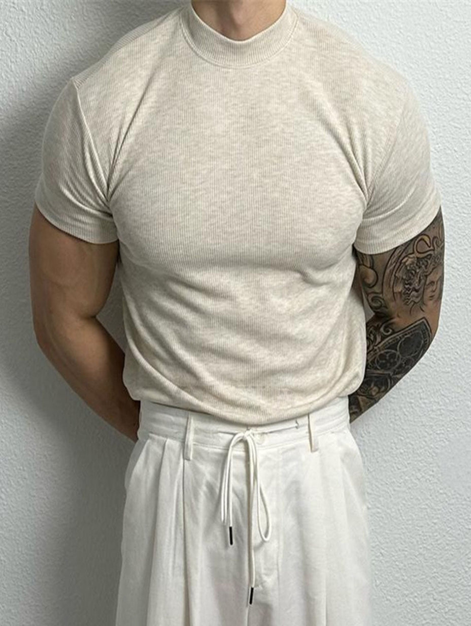 Herr T-shirt med Kort Ärms och Halvhög Krage Snabbtorkande Fuktabsorberande Slim Fit