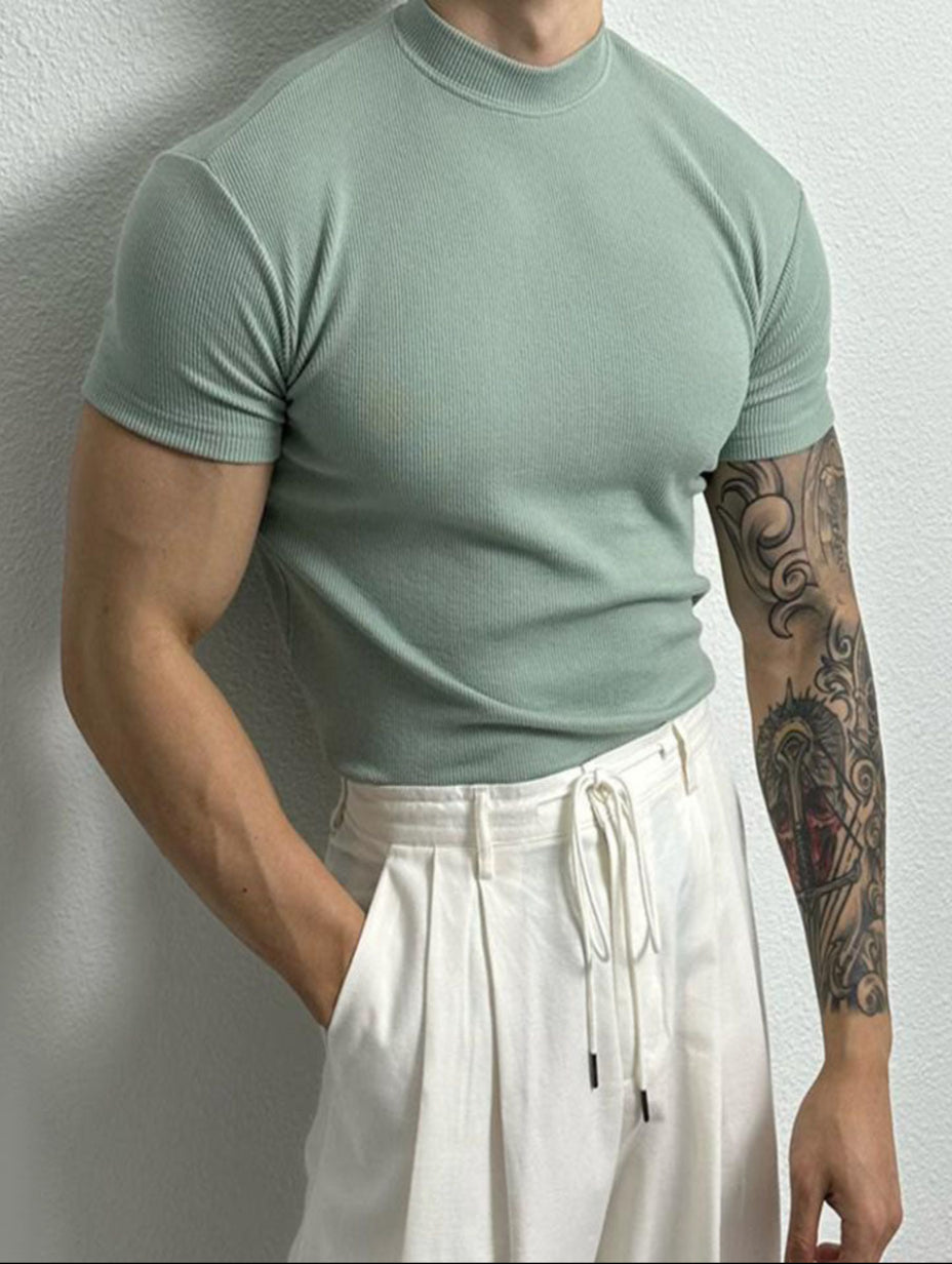 Herr T-shirt med Kort Ärms och Halvhög Krage Snabbtorkande Fuktabsorberande Slim Fit