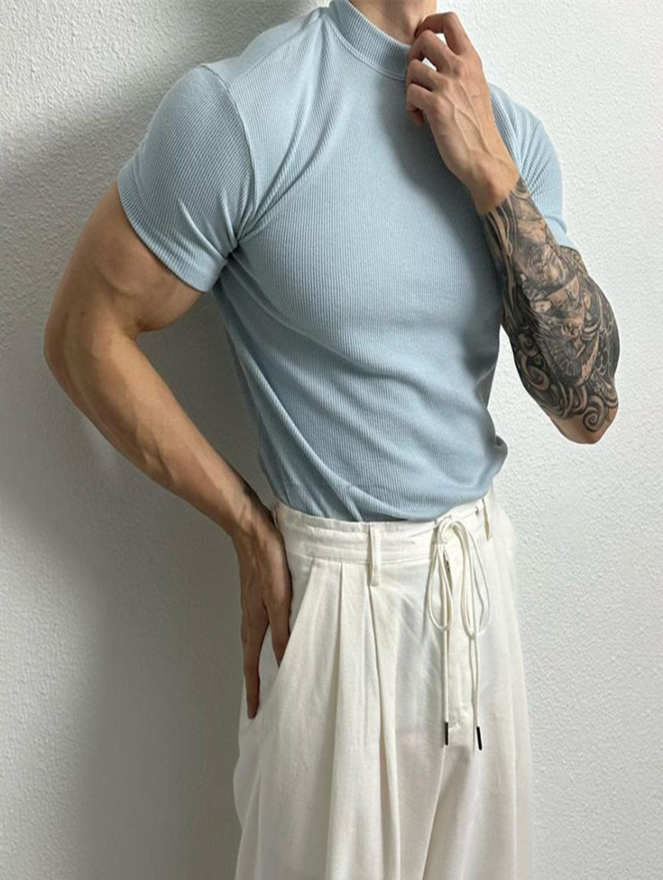 Herr T-shirt med Kort Ärms och Halvhög Krage Snabbtorkande Fuktabsorberande Slim Fit