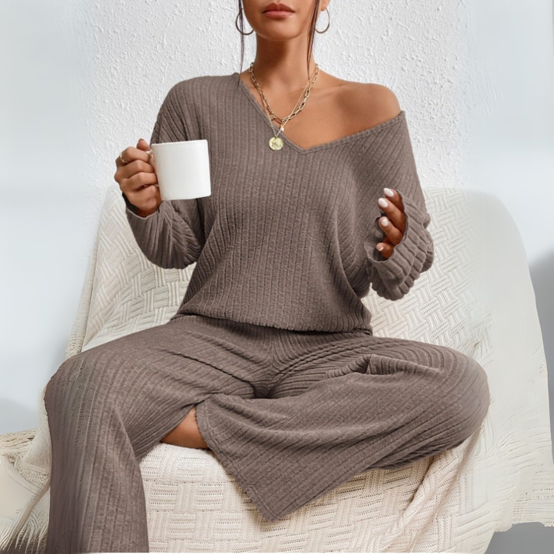 Loungewear-set för Dam med V-ringad Tröja och Raka Byxor