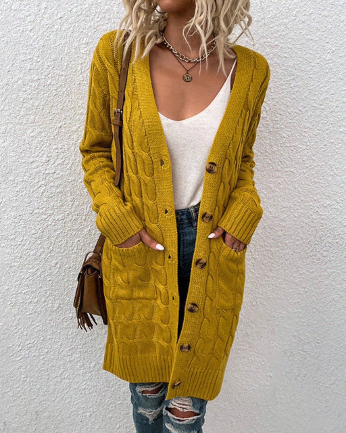 Dam Stickad Cardigan med Knäppning
