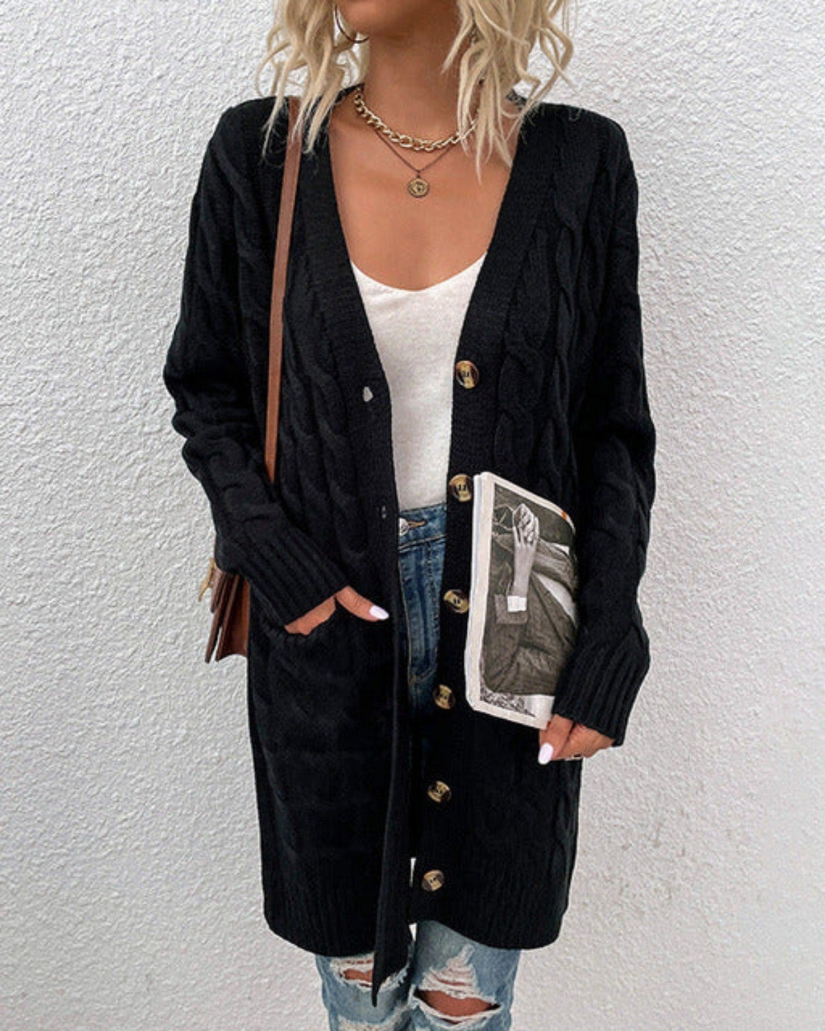 Dam Stickad Cardigan med Knäppning