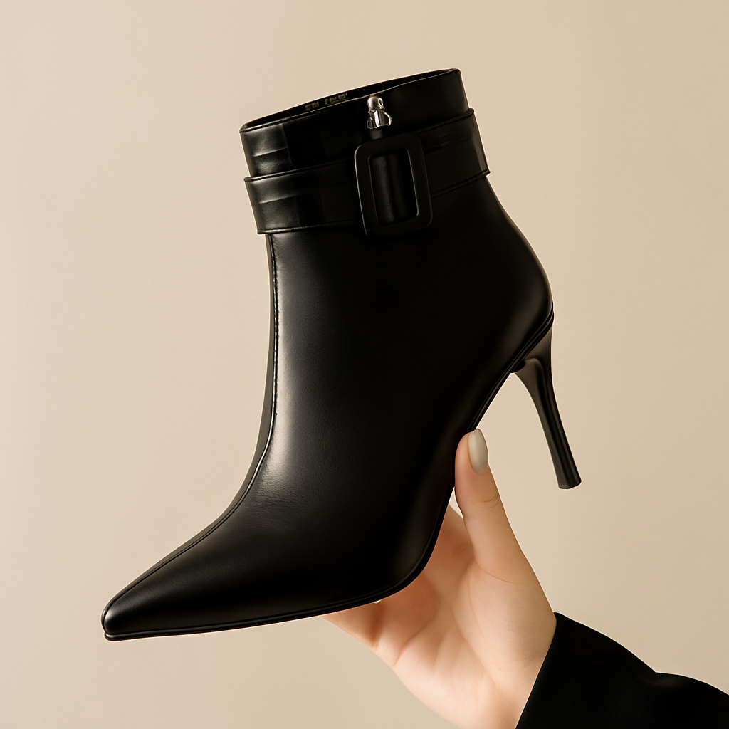 Ankelboots För Dam Med Spetsig Tå, Skulpterad Klack Och Justerbart Spänne
