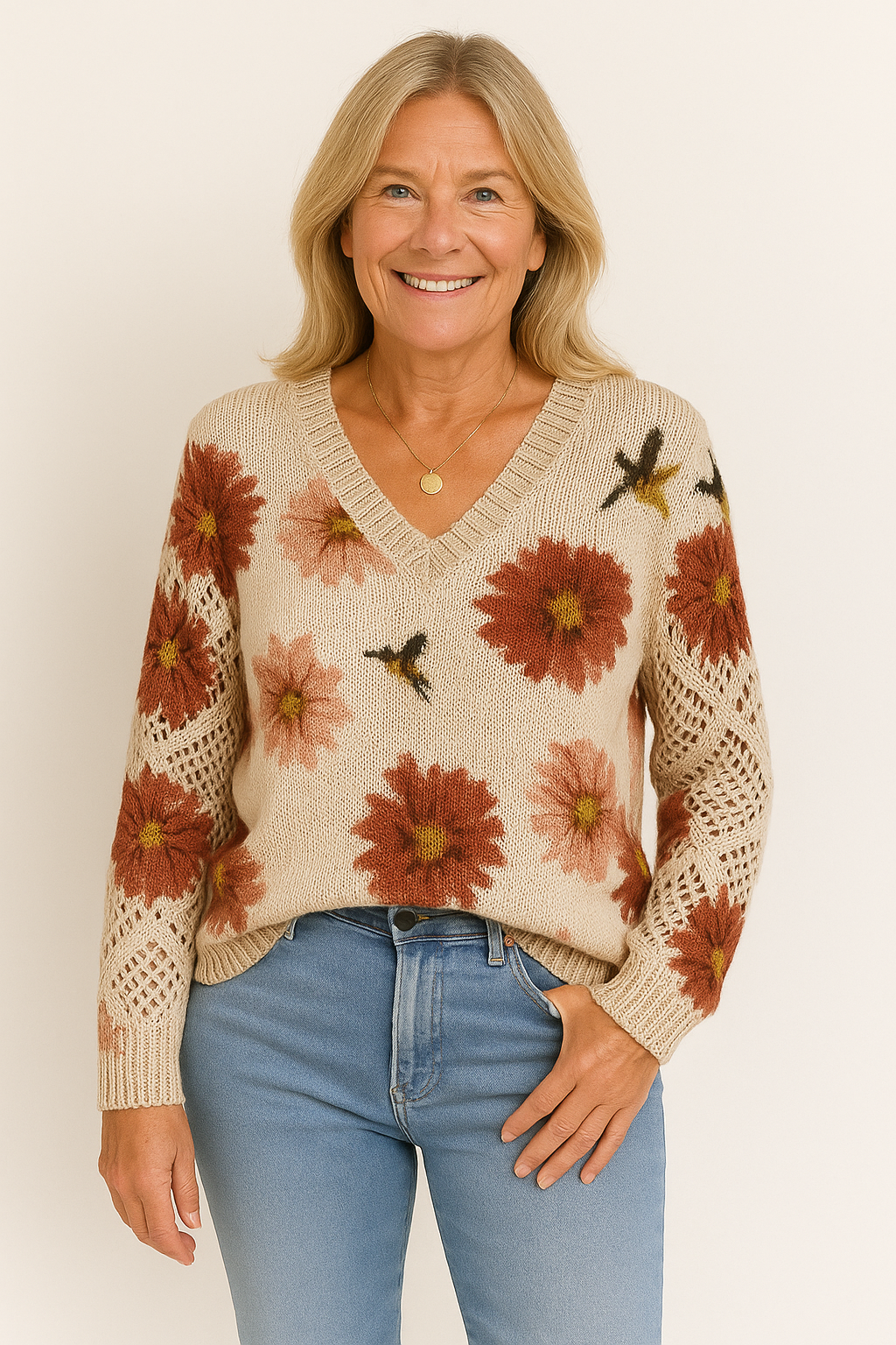 Kvinnotröja Med Öppen Stickning På Ärmar Och Mjuk Textur