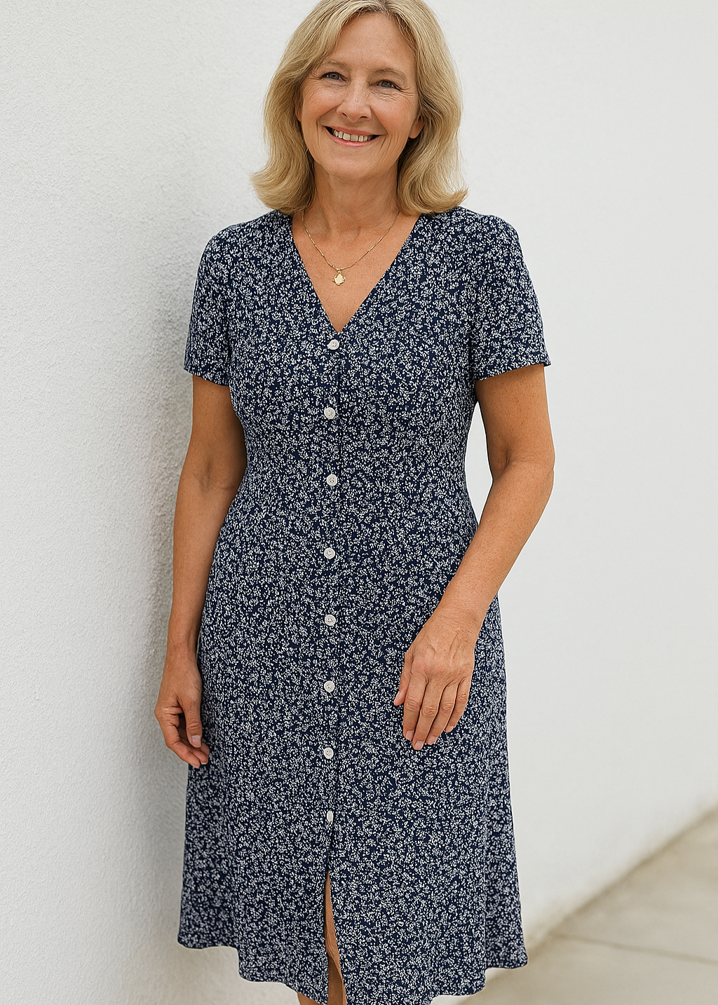 Damsommarklänning Med V-Ringning, Knappar Fram Och Korta Ärmar