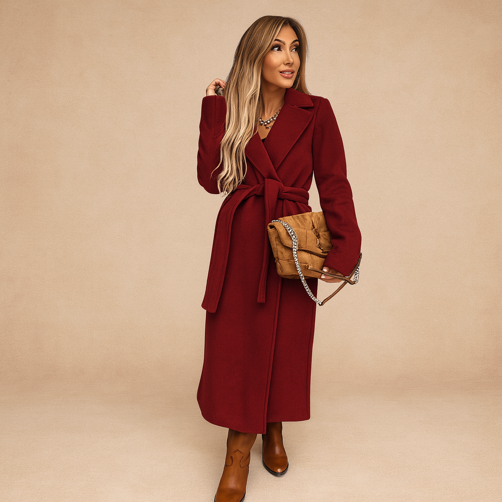 Kvinna Vinter Lång Omlottkappa Med Skärp Och Breda Kavajslag