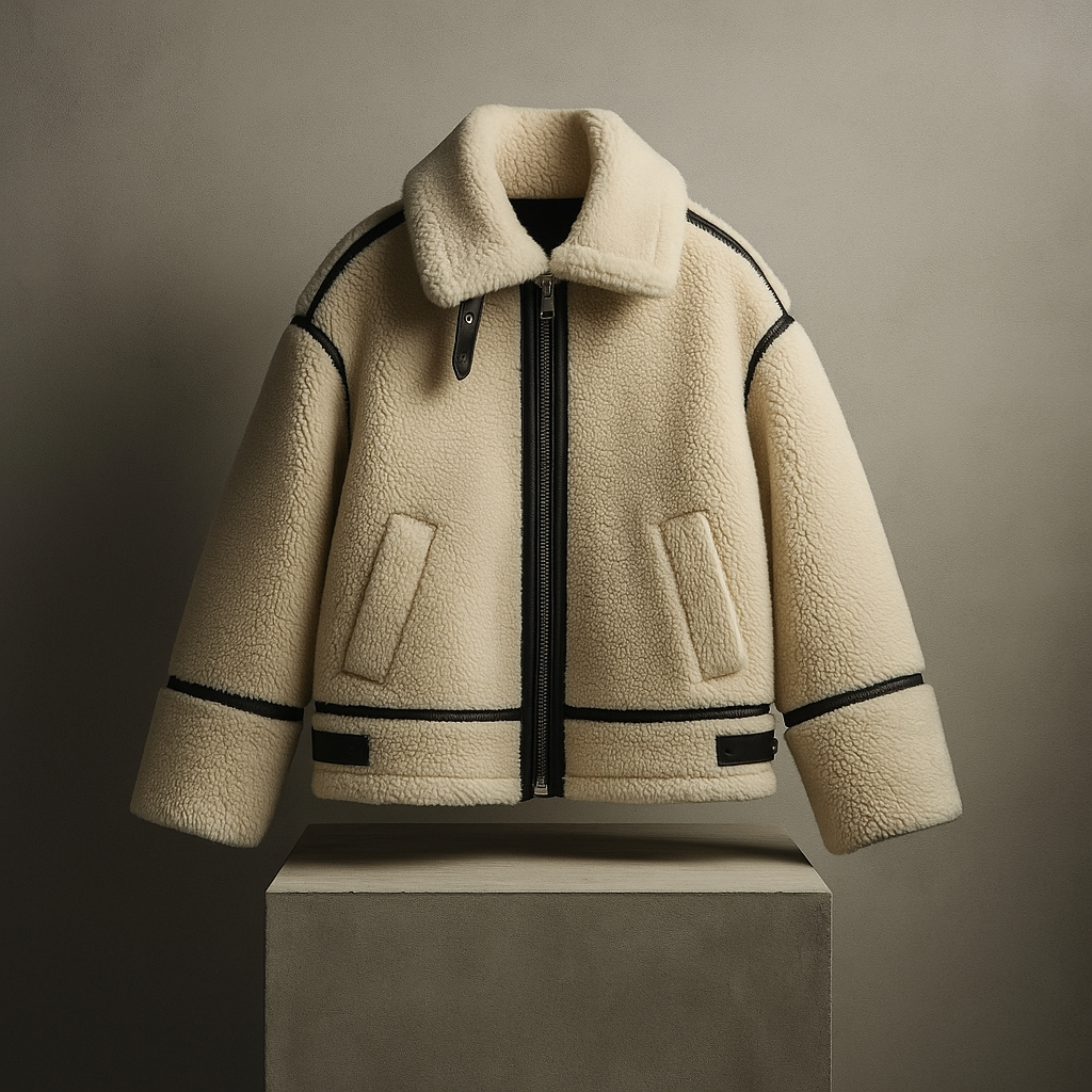 Teddyjacka för kvinnor med sherpa-textur och kontrastdetaljer