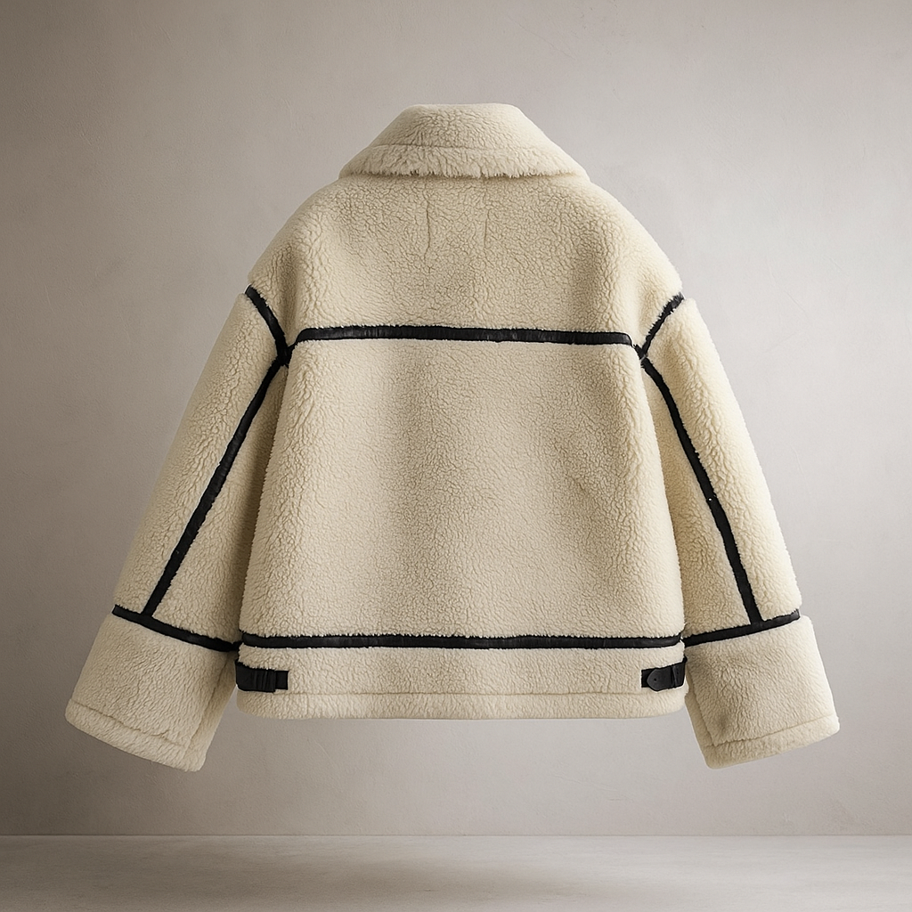 Teddyjacka för kvinnor med sherpa-textur och kontrastdetaljer