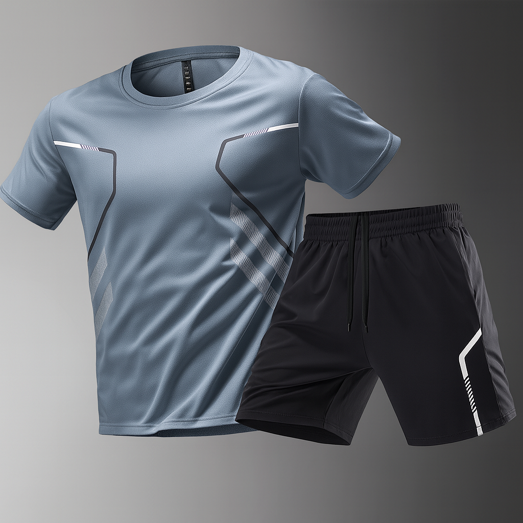 Herrarnas träningsset med stretchstickad t-shirt och ultralätta shorts
