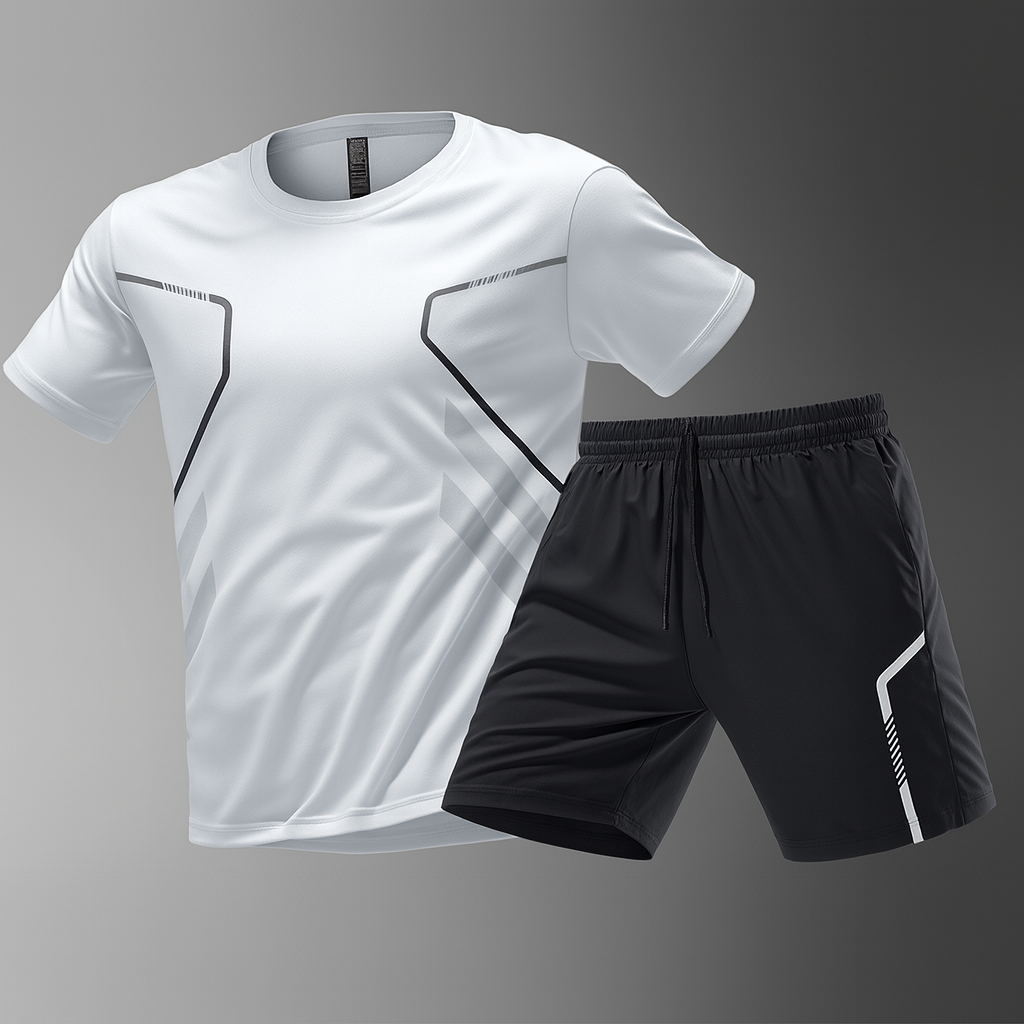 Herrarnas träningsset med stretchstickad t-shirt och ultralätta shorts