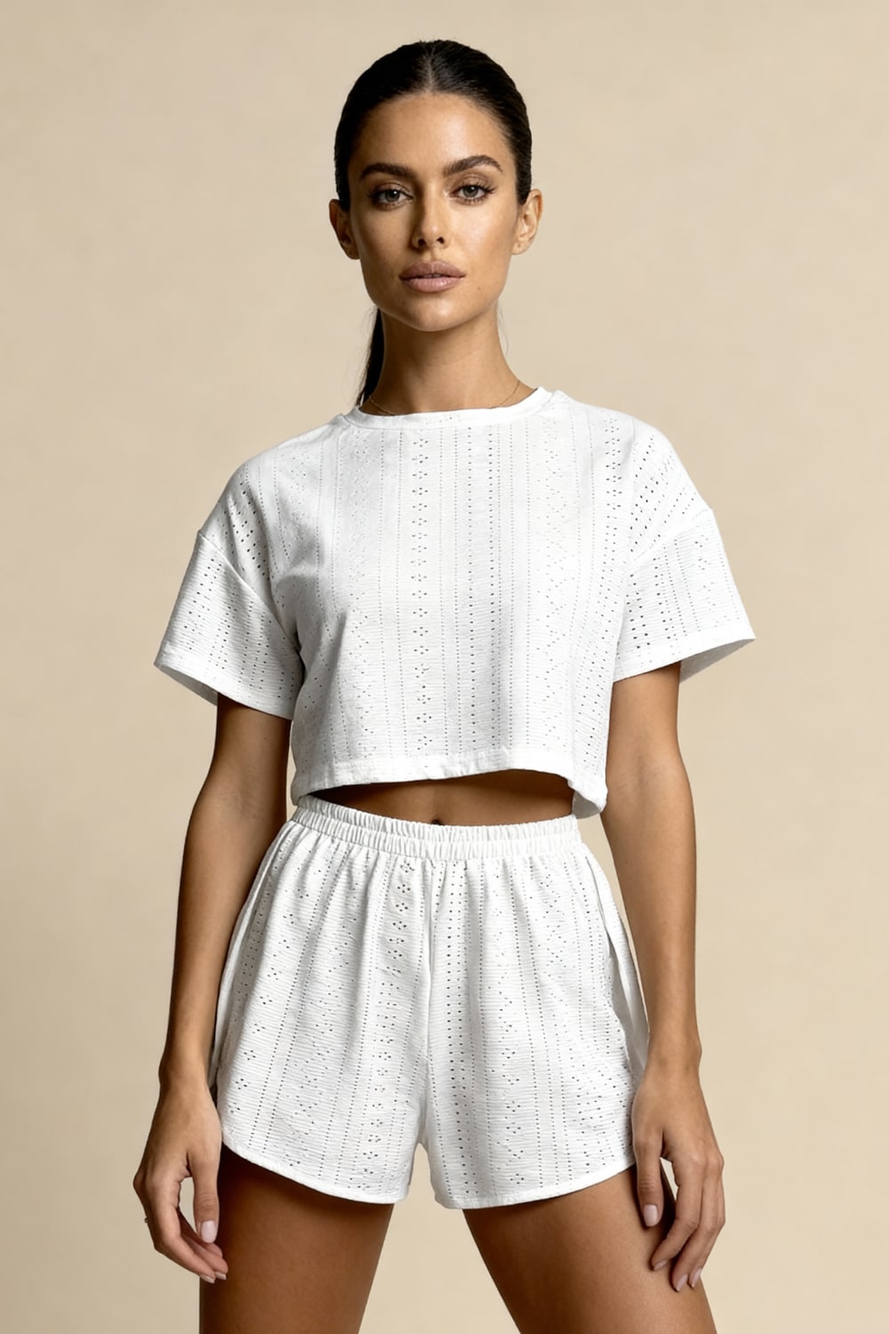 Sommarpyjamasset För Kvinnor I Broderi Anglaise-Stil Med Kortärmad Crop Top Och Elastisk Midja