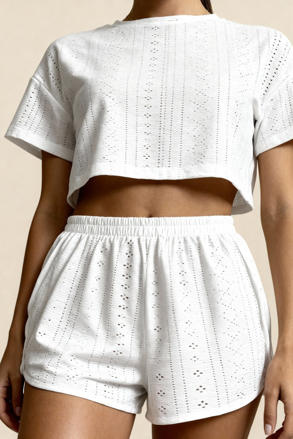 Sommarpyjamasset För Kvinnor I Broderi Anglaise-Stil Med Kortärmad Crop Top Och Elastisk Midja