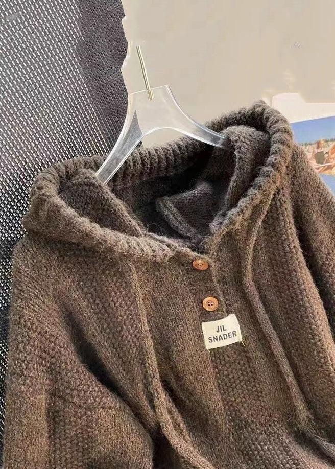 Dam Stickad Topp Med Huva Knäppning Fram Snörning Och Långa Ärmar