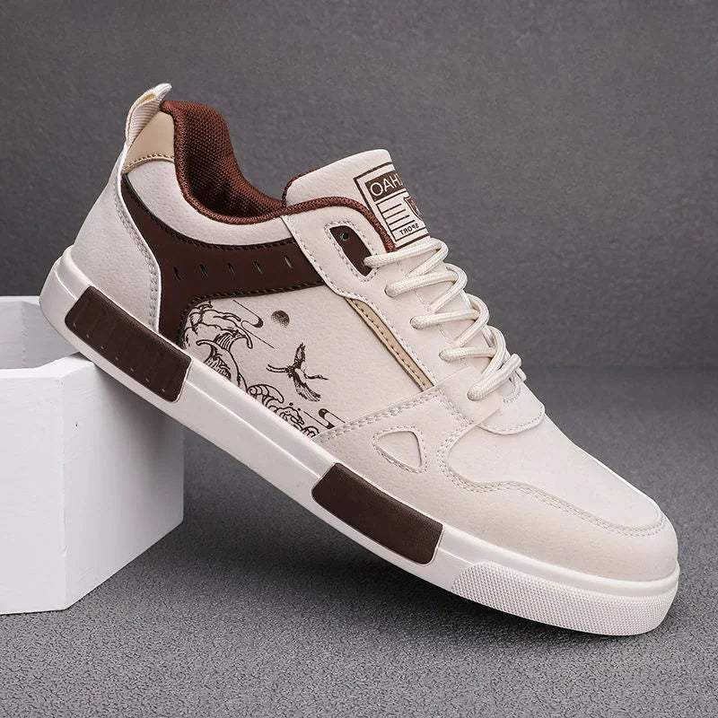 Sneakers för Herr i Cream och Brun med Våg- och Fågelsgrafik och Vadderad Innersula