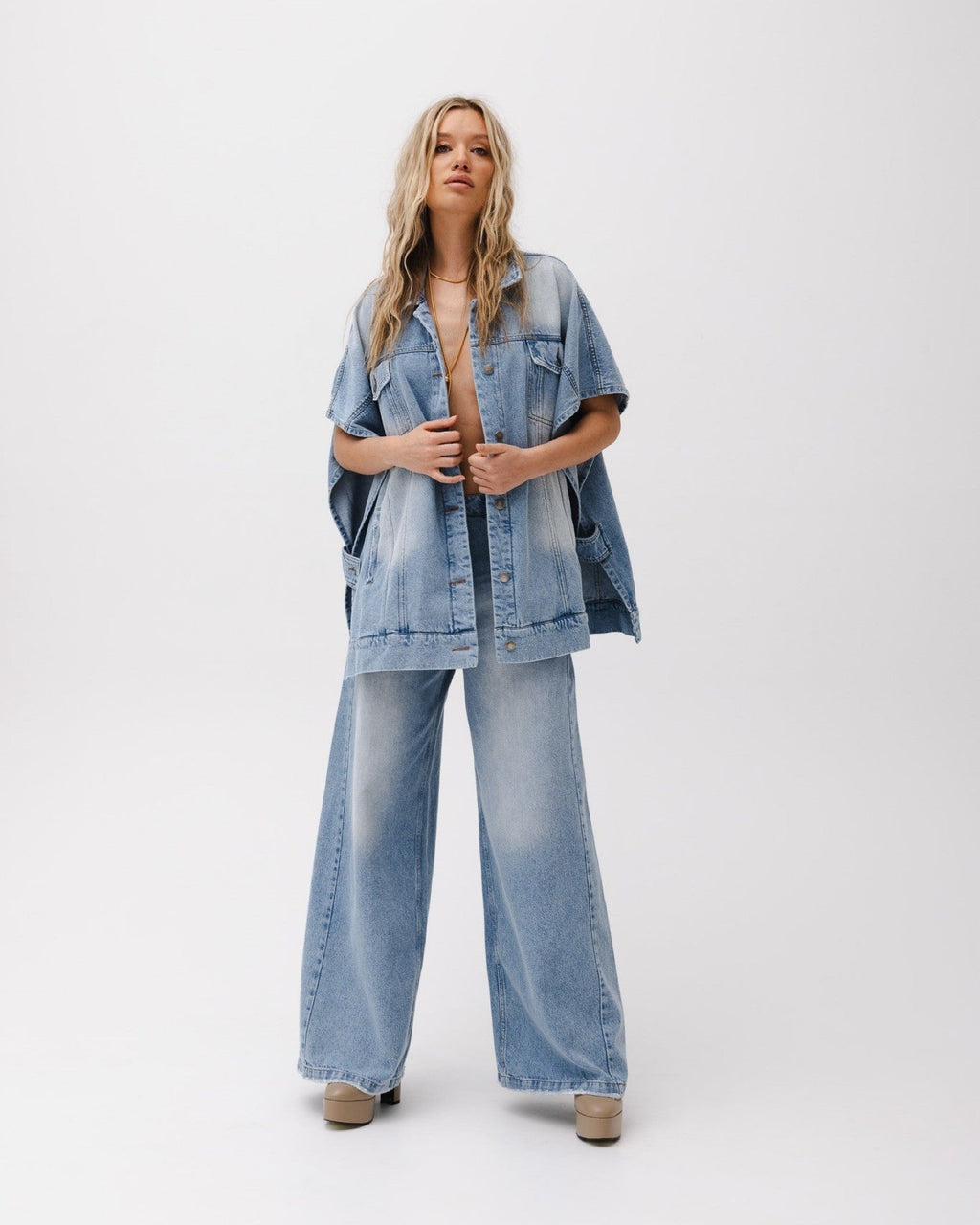 Dam Oversized Denimväst Och Jeans Med Hög Midja Set
