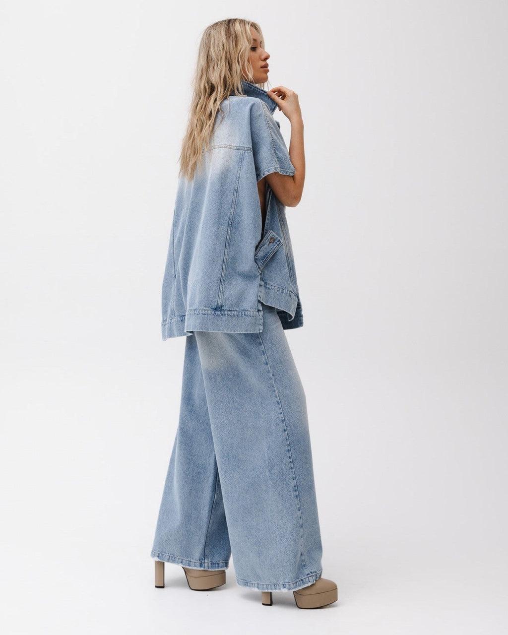Dam Oversized Denimväst Och Jeans Med Hög Midja Set