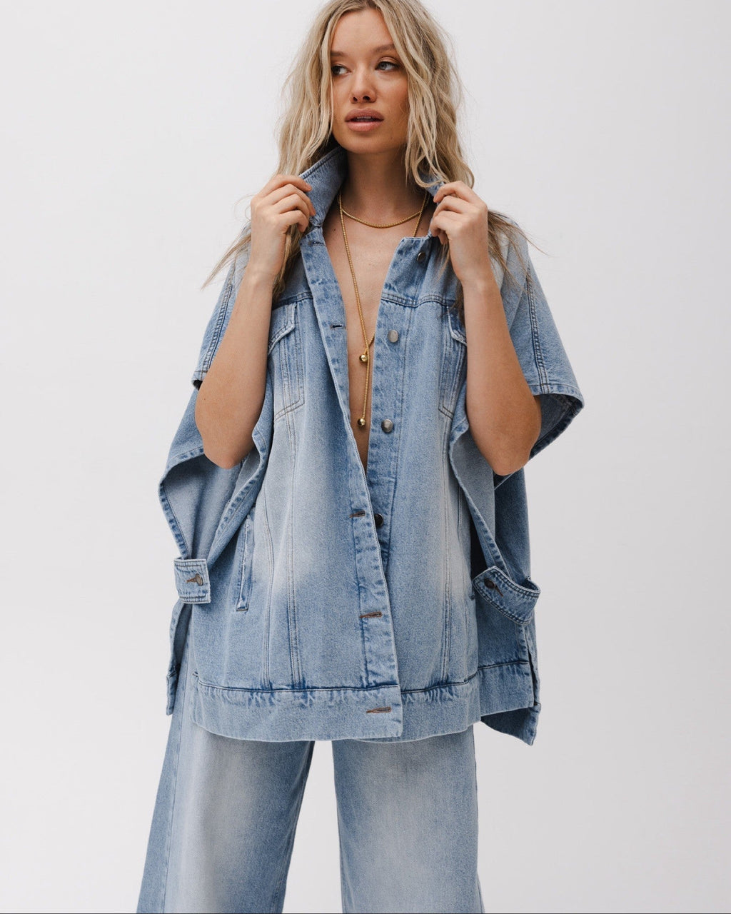 Dam Oversized Denimväst Och Jeans Med Hög Midja Set