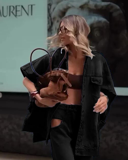 Dam Oversized Denimväst Och Jeans Med Hög Midja Set