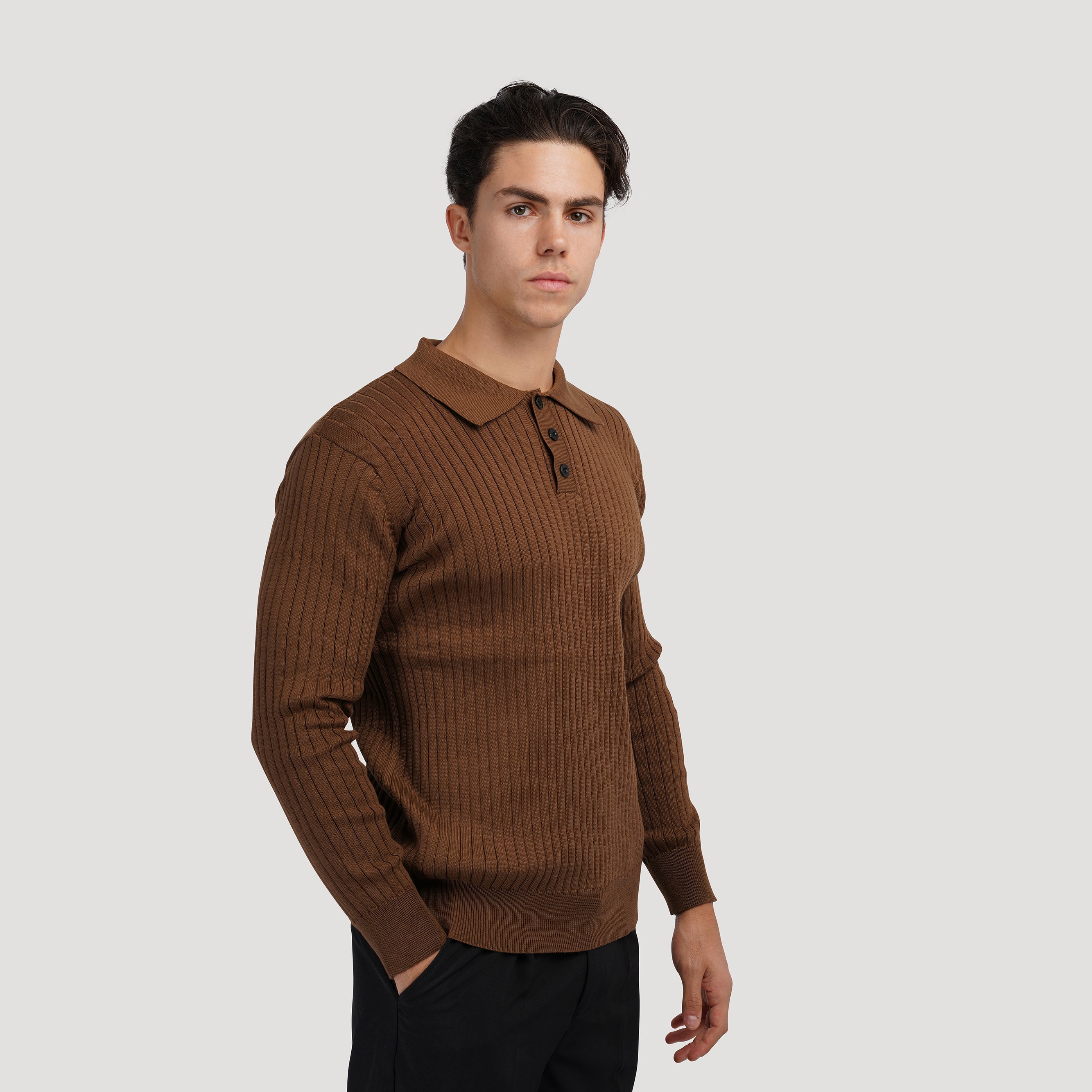 Herr Långärmad Pikétröja Med Knappkrage Och Vertikal Ribbad Design