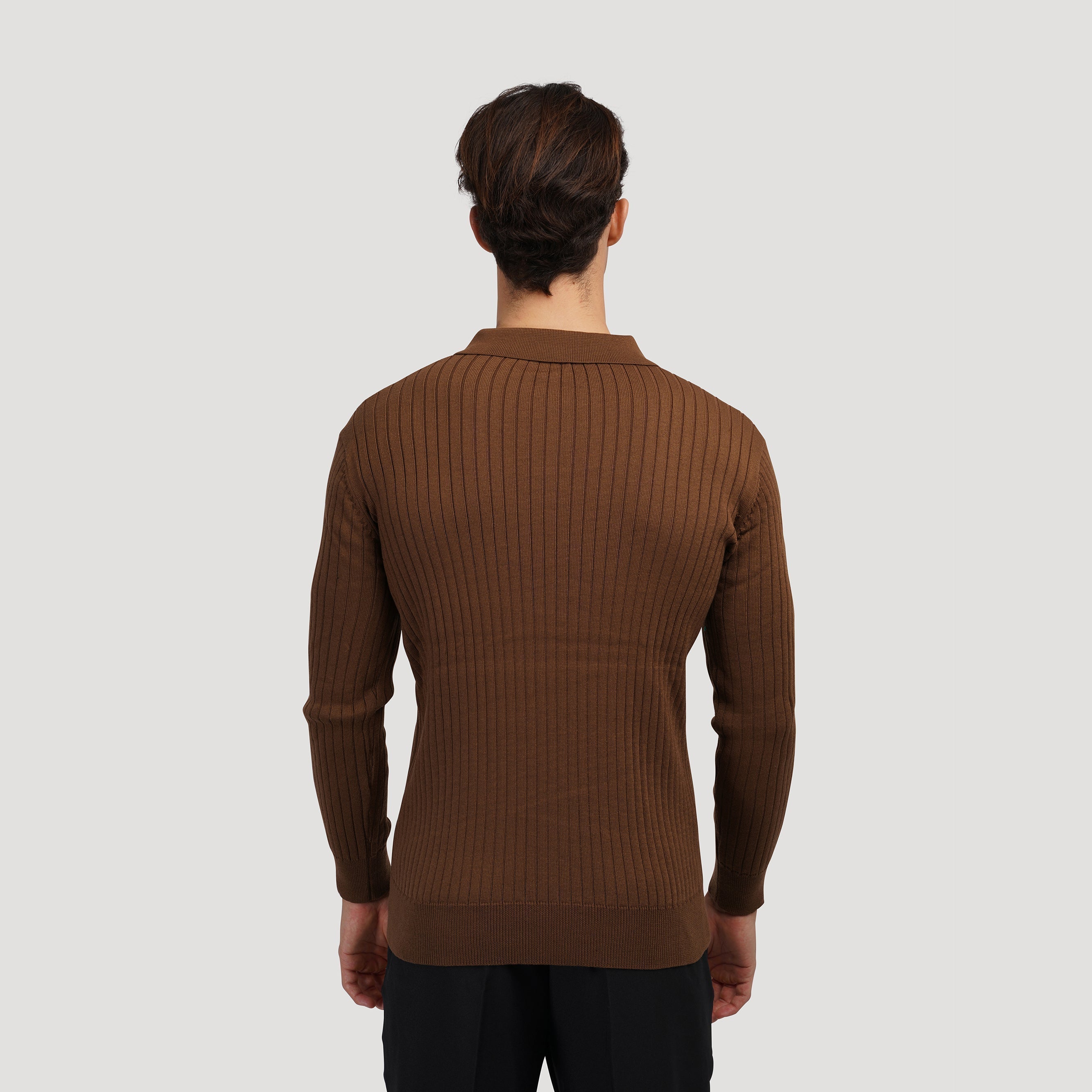 Herr Långärmad Pikétröja Med Knappkrage Och Vertikal Ribbad Design