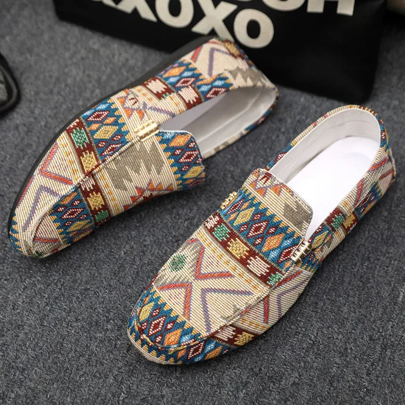 Herr Canvas Loafers med Aztektryck och Gummisula