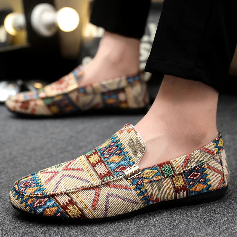Herr Canvas Loafers med Aztektryck och Gummisula