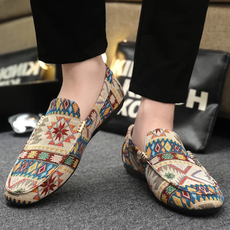 Herr Canvas Loafers med Aztektryck och Gummisula