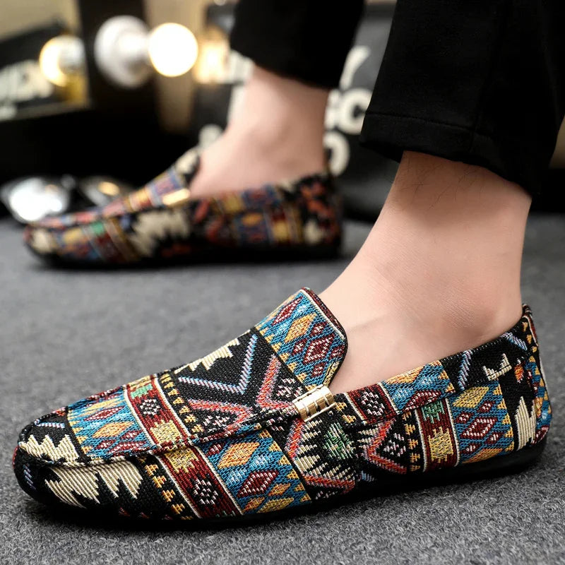 Herr Canvas Loafers med Aztektryck och Gummisula