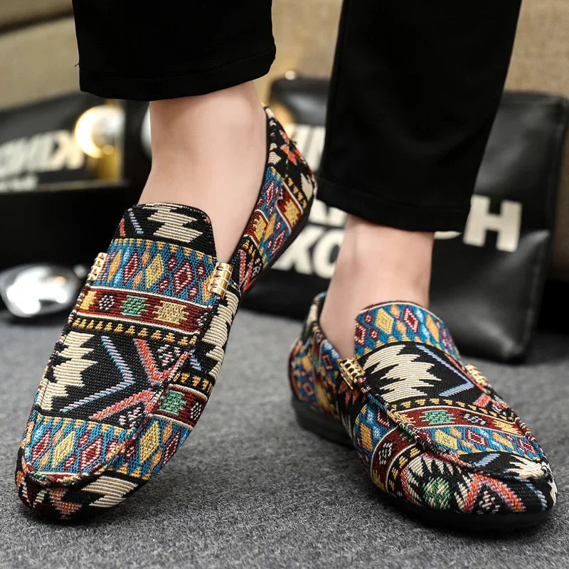 Herr Canvas Loafers med Aztektryck och Gummisula