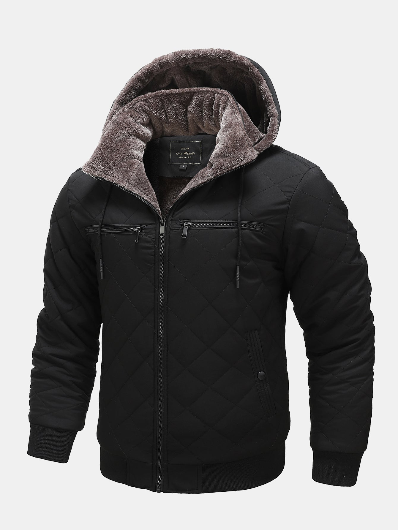 Herr vinterjacka med quiltad design, huva och bröstfickor