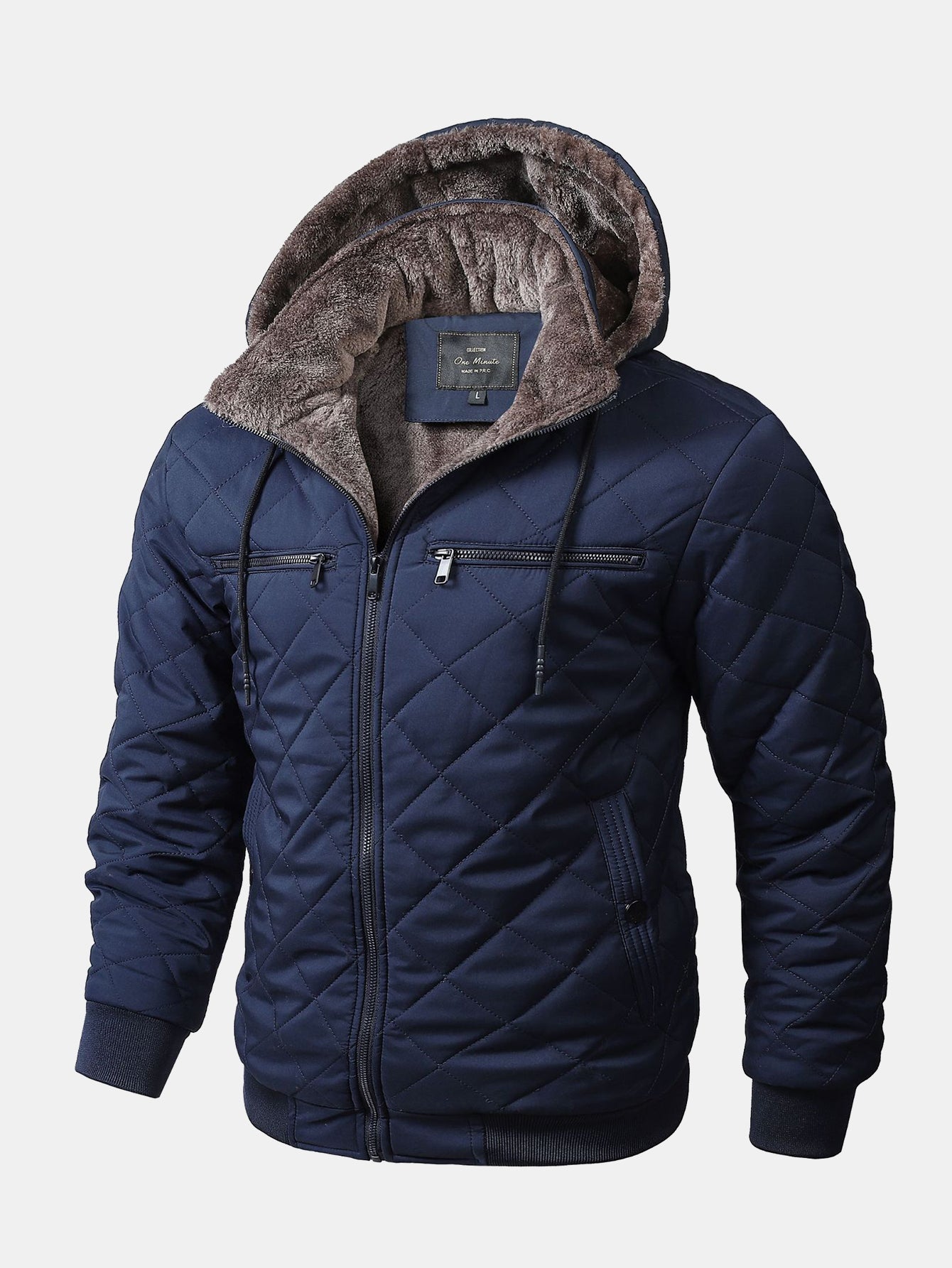 Herr vinterjacka med quiltad design, huva och bröstfickor