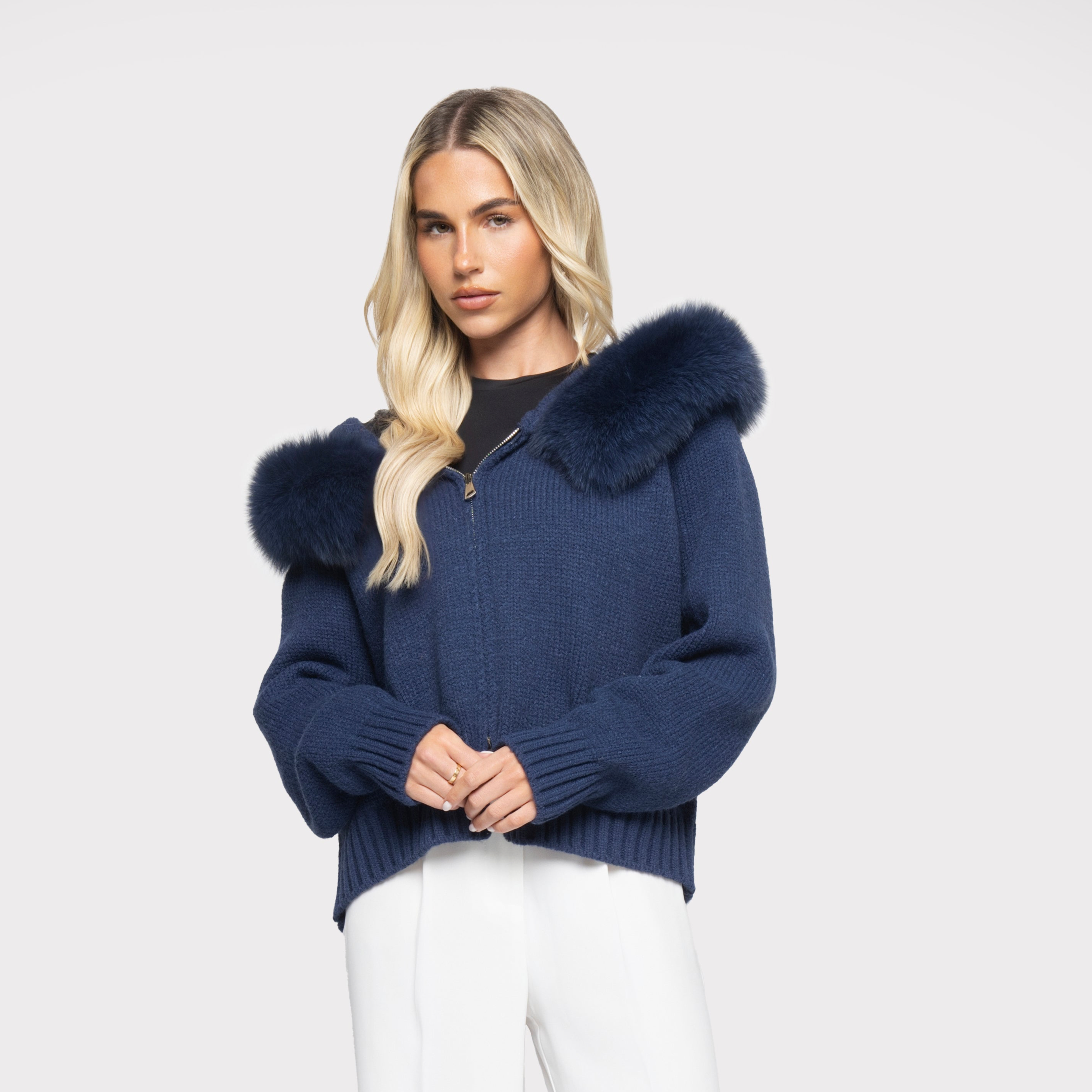 Dam Zip-Up Kofta Med Avtagbar Pälshuva Och Stickad Design