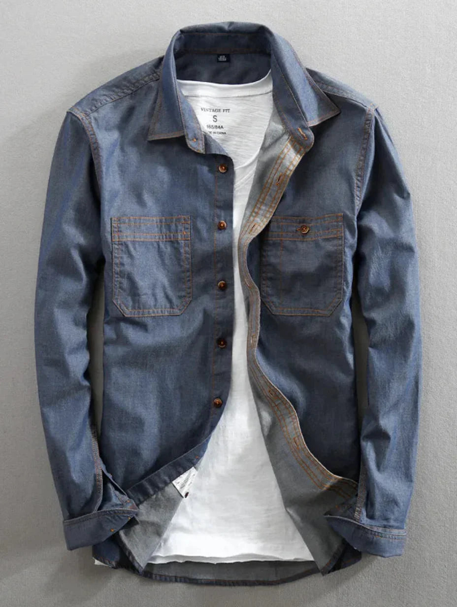 Herr Denimskjorta med Knäppning Långärmad Nedvikt Krage och Bröstfickor Slim Passform