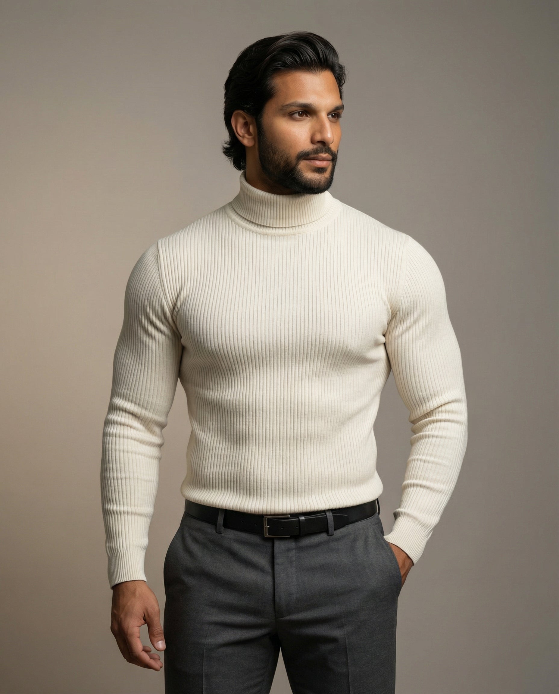Herr Turtleneck-Tröja för Vintern med Ribbad Krage och Skräddarsydd Passform