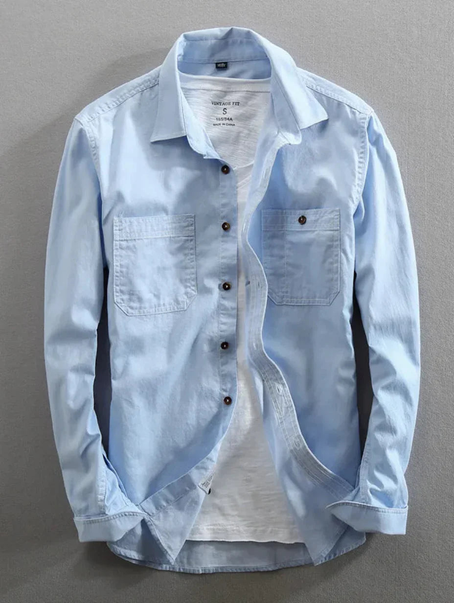 Herr Denimskjorta med Knäppning Långärmad Nedvikt Krage och Bröstfickor Slim Passform