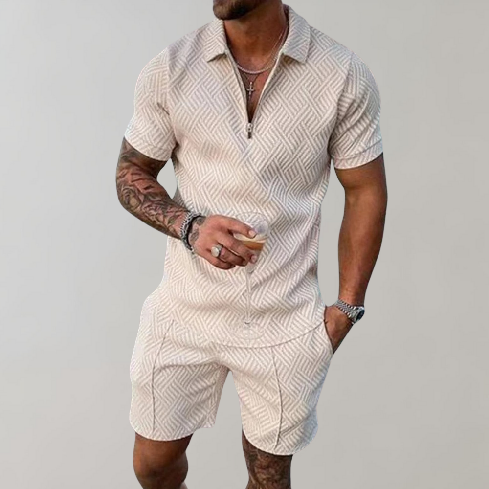 Herrsommarset Med Pikétröja Och Shorts, Tvådelad Lättviktsoutfit