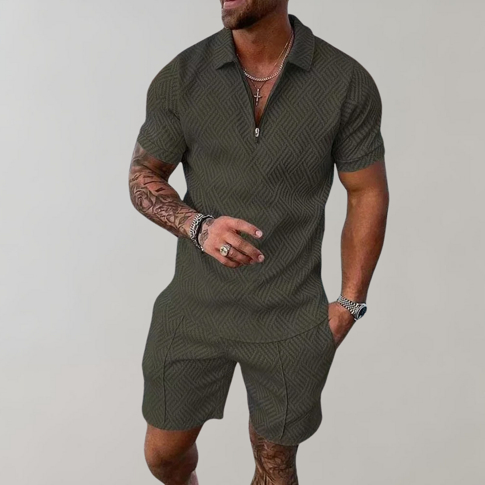 Herrsommarset Med Pikétröja Och Shorts, Tvådelad Lättviktsoutfit