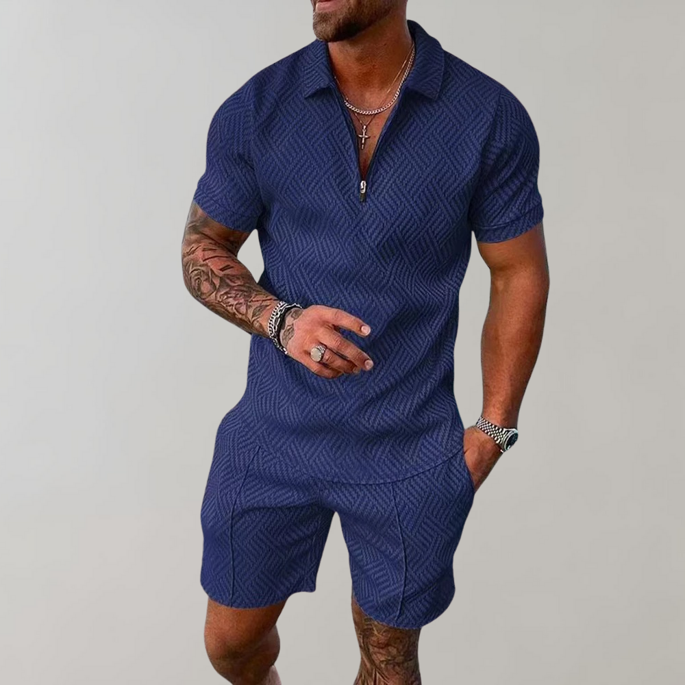 Herrsommarset Med Pikétröja Och Shorts, Tvådelad Lättviktsoutfit
