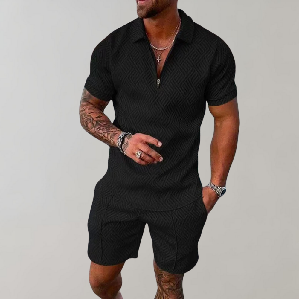 Herrsommarset Med Pikétröja Och Shorts, Tvådelad Lättviktsoutfit