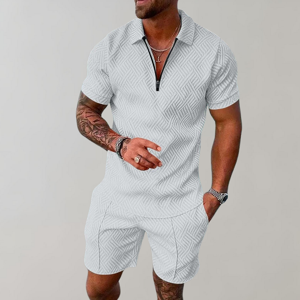 Herrsommarset Med Pikétröja Och Shorts, Tvådelad Lättviktsoutfit