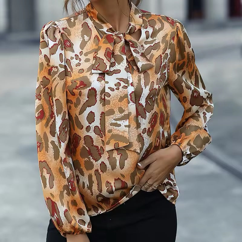 Kvinnor Blus Med Djurmönster, Halsband Och Lång Ärmar