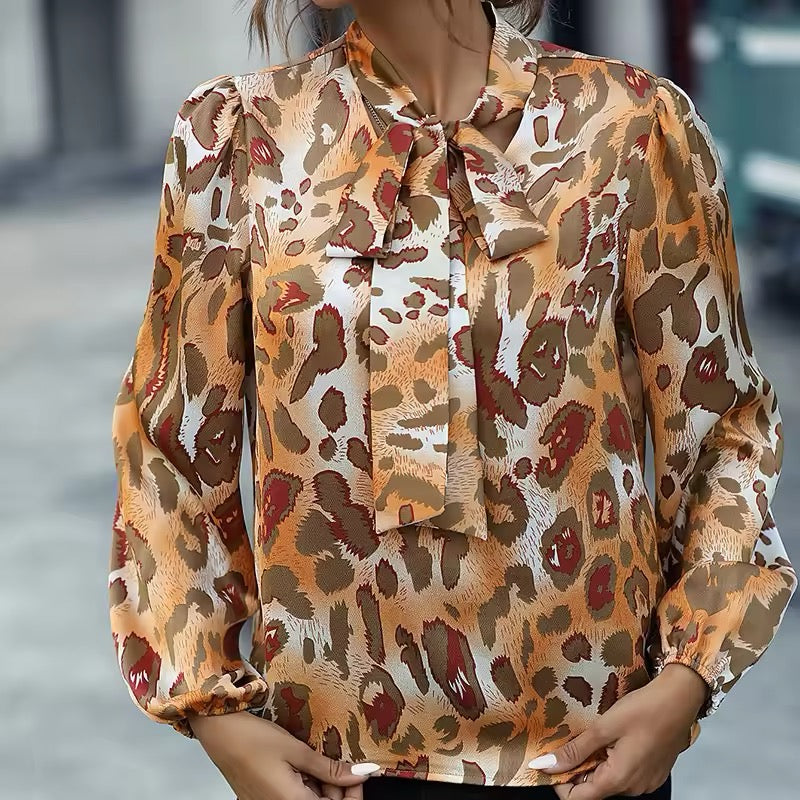 Kvinnor Blus Med Djurmönster, Halsband Och Lång Ärmar