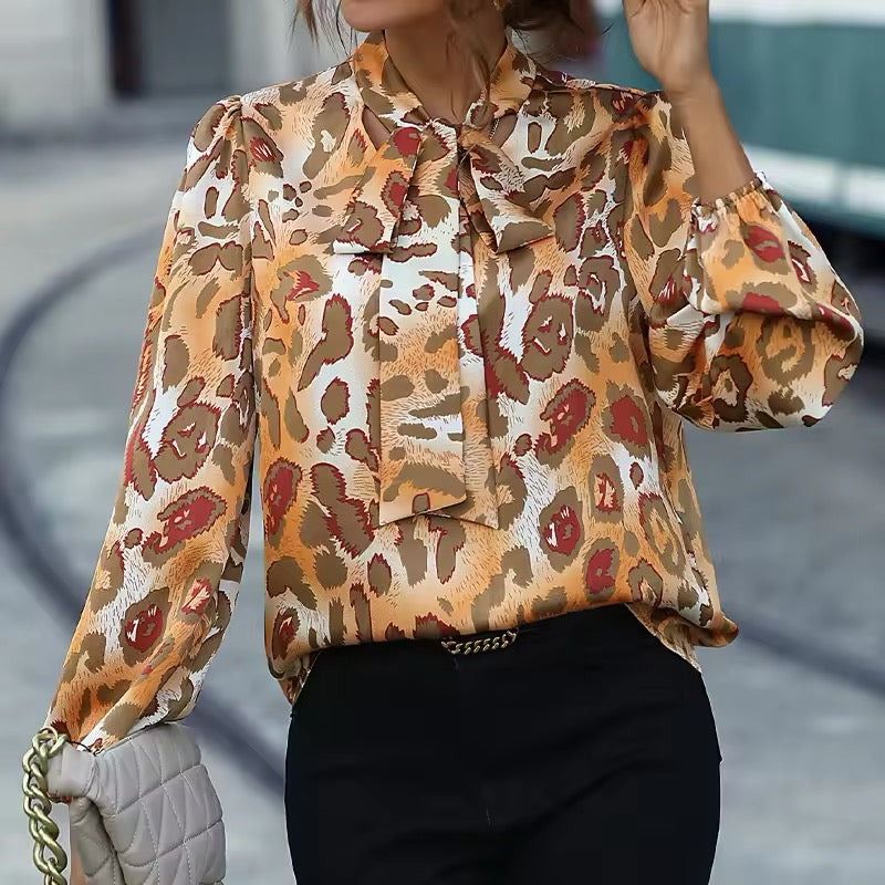 Kvinnor Blus Med Djurmönster, Halsband Och Lång Ärmar