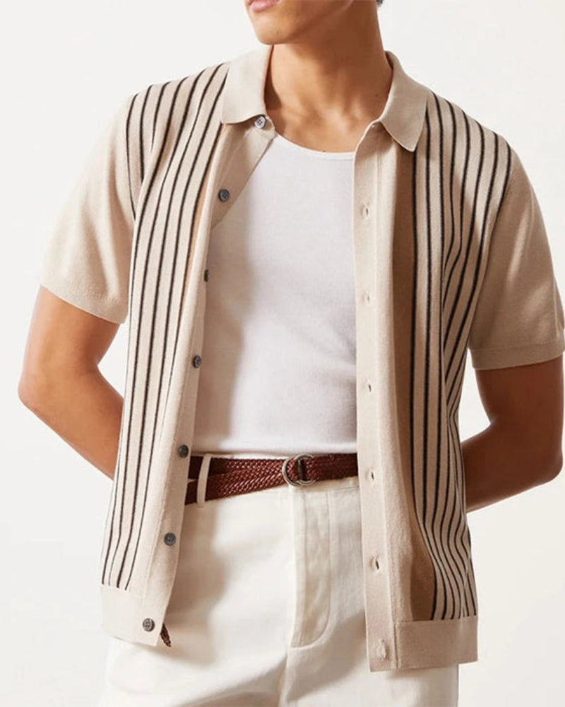 Herr Sommarstickad Kortärmad Polo med Vertikala Ränder Beige