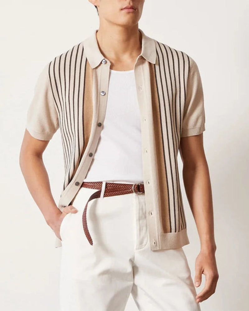 Herr Sommarstickad Kortärmad Polo med Vertikala Ränder Beige