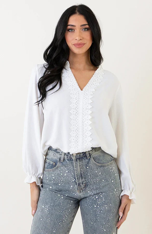 Kvinnors Blus Med Spetsdetaljer Och V-Ringning