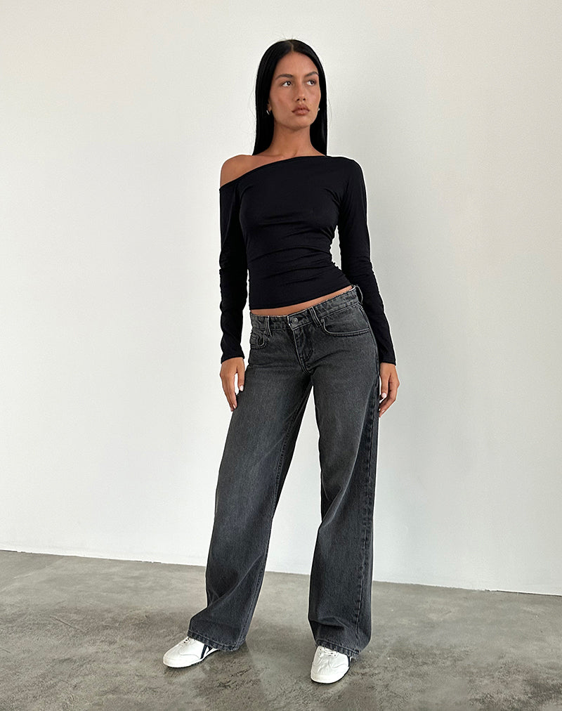 Kvinnojeans med Parallella Ben, Låg Midja, Raka Ben, Tvättad Svartgrå, Femficksdesign
