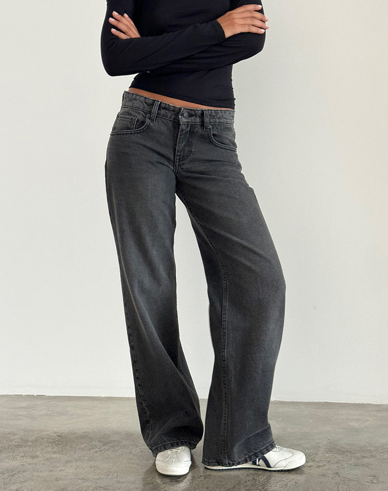 Kvinnojeans med Parallella Ben, Låg Midja, Raka Ben, Tvättad Svartgrå, Femficksdesign