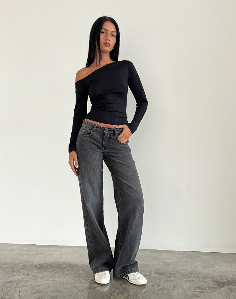 Kvinnojeans med Parallella Ben, Låg Midja, Raka Ben, Tvättad Svartgrå, Femficksdesign